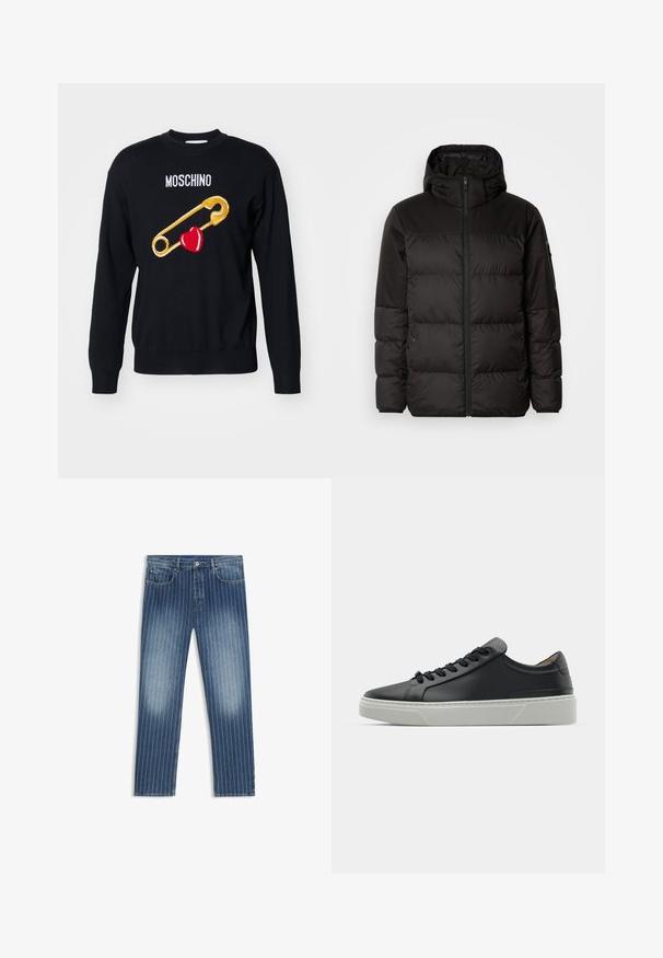 Czarna kurtka puchowa z zapięciem na zamek, kapturem, pikowanymi sekcjami i elastycznymi mankietami, wykonana z gładkiego, wodoodpornego materiału.; MOSCHINO - Sweter; Jeans denimowe w paski, w średnim niebieskim kolorze, z wyblakłymi fragmentami, prostą nogawką, pięcioma kieszeniami i metalowym zapięciem.; Czarne skórzane sneakersy o gładkiej fakturze, okrągłym nosku i czarnych sznurowadłach. Posiadają grubą, białą gumową podeszwę z subtelnymi akcentami geometrycznymi.