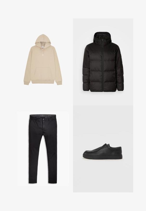 Il giubbotto puffo nero presenta una chiusura con zip, un cappuccio, sezioni trapuntate e polsini elastici, realizzato in un materiale liscio e resistente all'acqua.; Felpa beige con cappuccio, tasca frontale a marsupio, cappuccio con coulisse, polsini a costine e stampa bianca "II" sul petto.; Chinos neri in cotone con vestibilità affusolata, dotati di cinque tasche, passanti per cintura e una superficie liscia. Chiusura con zip e bottone.; Scarpa slip-on in pelle nera con punta arrotondata, dettagli cuciti e suola in gomma nera. Texture liscia con design minimalista.