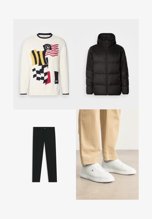 Il giubbotto puffo nero presenta una chiusura con zip, un cappuccio, sezioni trapuntate e polsini elastici, realizzato in un materiale liscio e resistente all'acqua.; Maglione a maglia color crema con motivi a bandiera multicolori, tra cui rosso, blu, giallo e nero. Presenta un colletto e polsini a coste in navy.; Pantaloni neri in tessuto lisci, con design a gamba dritta. Presentano una chiusura frontale con bottone e passanti per cintura. Senza fantasie.; Sneakers in pelle bianca con finitura liscia, dotati di punta rotonda, chiusura con lacci e dettaglio logo discreto sul lato, abbinati a pantaloni beige.