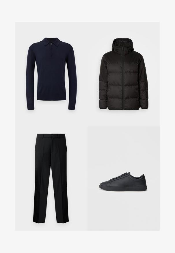 Zwarte pufferjas met ritsluiting, een capuchon, gequiltte secties en elastische manchetten, gemaakt van een glad, waterafstotend materiaal.; Marineblauwe gebreide poloshirt met een ritskraag, lange mouwen, geribbelde manchetten en een aansluitende onderkant. Gladde textuur met een minimalistisch ontwerp.; Zwarte op maat gemaakte broek met een rechte snit, voorzien van een knoopsluiting, ritssluiting en riemlussen. Glad stof met zijzakken.; Zwarte sneakers van glad leer met een lage schacht, ronde neus en platte rubberen zool. Voorzien van veters en subtiele branding.