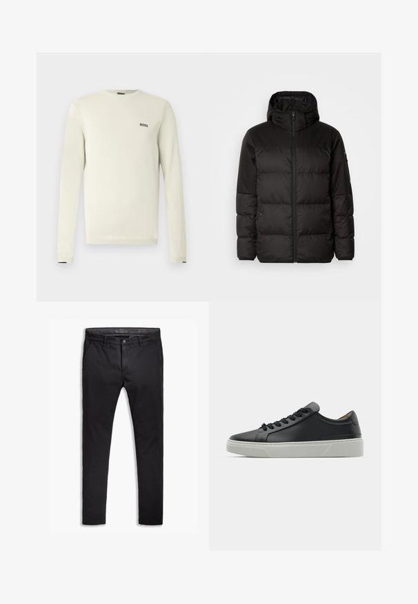 Black puffer jacket features a zip closure, a hood, quilted sections, and elastic cuffs, made from a smooth, water-resistant material.; Light beige sweater with long sleeves, round neck, ribbed cuffs, and a small black "BOSS" logo on the chest. Smooth texture, casual design.; Black cotton chinos with a tapered fit, featuring five pockets, belt loops, and a smooth texture. Zip fly with a button closure.; Black leather sneaker with a smooth texture, round toe, and black laces. Features a thick, white rubber sole with subtle geometric accents.