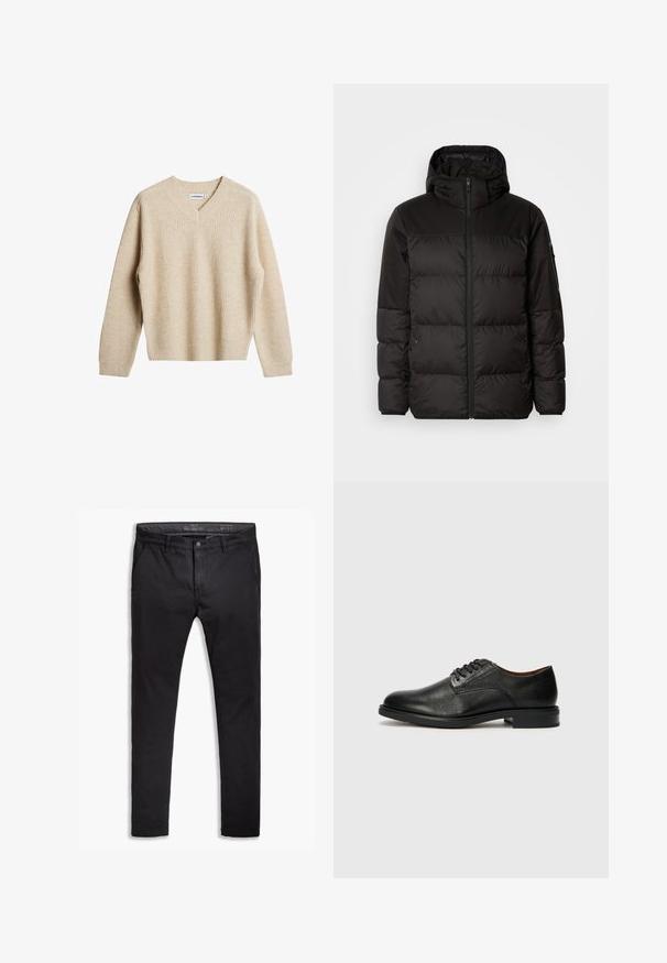 A jaqueta puffer preta apresenta um fecho zip, um capuz, secções acolchoadas e punhos elásticos, confeccionada em um material liso e resistente à água.; Suéter bege em malha canelada com decote em V e mangas longas. Apresenta um corte relaxado e um tecido texturizado para adicionar calor e conforto.; Chinos pretos de algodão com um corte afunilado, apresentando cinco bolsos, passantes para cinto e uma textura suave. Fecho com zíper e botão.; Tommy Hilfiger VOGUE LTH - Sapatos elegantes de atacadores - black