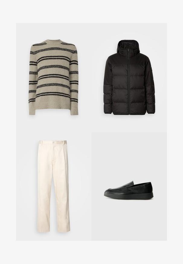 A fekete steppelt dzseki cipzáros záródással, kapucnival, steppelt részekkel és rugalmas mandzsettákkal rendelkezik, sima, vízálló anyagból készült.; Beige színű pulóver fekete csíkokkal, kötött textúrával, kerek nyakkivágással és hosszú ujjal. A részletezést változó csíkvastagság jellemzi.; Beige pamut nadrág egyenes szárú kivágással, gombos záródással és elülső redőkkel a részletek fokozása érdekében.; Calvin Klein HYBRID CUP - Belebújós cipők - triple black