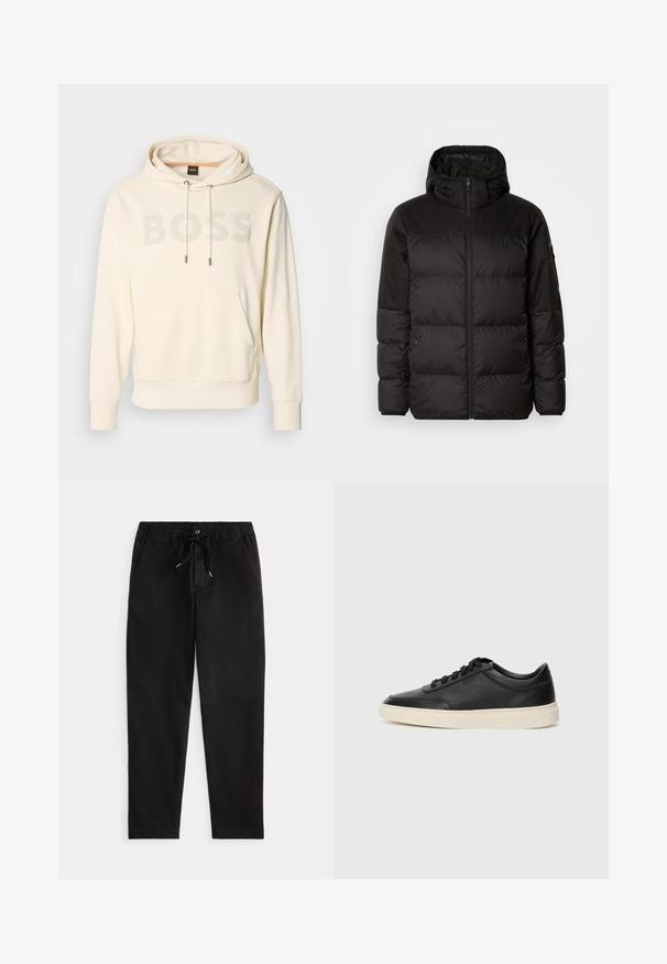 Melna pūkainā jakā iezīmes ir rāvējslēdzēja aizdare, kapuce, kvadrātveida šuves un elastīgas aproces, izgatavota no gludas, ūdensizturīgas vielas.; Krēmas krāsas džemperis ar kangaroo kabatu, kapuci ar auklu un lielu pelēku "BOSS" logotipu. Iekļauj ribotas aproces un apakšmalu, lai nodrošinātu pieguļošu izskatu.; Melnas ikdienas bikses ar elastīgu josta, aukliņu, priekšējo pogu un sānu kabatām, attēlotas uz neitrāla fona.; Melnas zemas ādas sporta kurpes ar melnām auklām un off-white zoli, rādītas no sānu profila uz baltā fona.