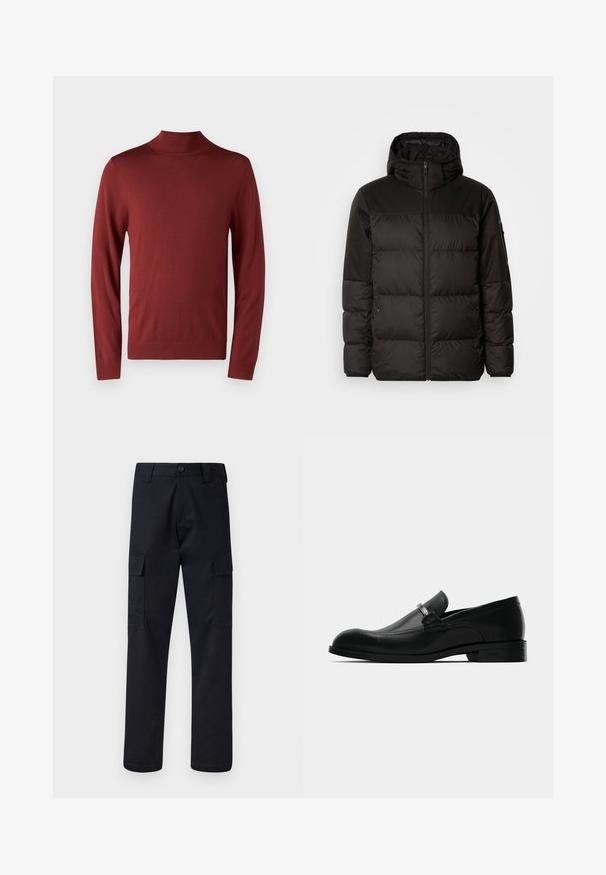 A jaqueta puffer preta apresenta um fecho zip, um capuz, secções acolchoadas e punhos elásticos, confeccionada em um material liso e resistente à água.; Pullover vermelho com gola alta, feito de um tecido de malha suave, apresentando mangas longas, punhos e gola canelados, com uma textura suave e uniforme.; Calças cargo pretas feitas de tecido resistente, com corte de perna direita, dois bolsos laterais e fecho de botão na cintura.; Sandalho masculino em couro preto com detalhe de fivela metálica, salto baixo e sola de marca, mostrado de lado em fundo branco.