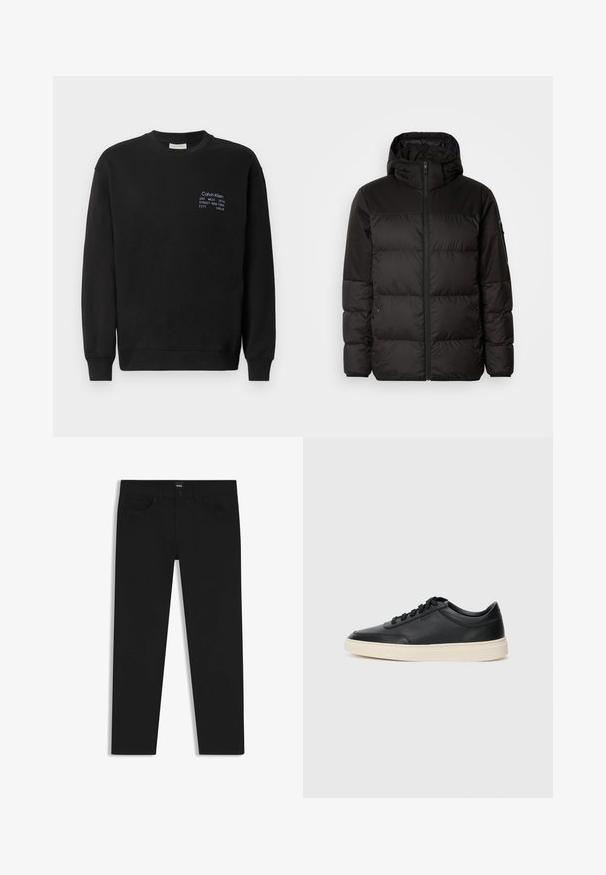 Il giubbotto puffo nero presenta una chiusura con zip, un cappuccio, sezioni trapuntate e polsini elastici, realizzato in un materiale liscio e resistente all'acqua.; Felpa nera in cotone con maniche lunghe, scollo girocollo e polsini a coste. Presenta un ricamo del marchio in blu sul petto.; Pantaloni in denim nero con taglio dritto, dotati di vita standard, cinque tasche e chiusura con bottone. Texture liscia su tutta la superficie.; Sneaker in pelle nera a basso profilo con lacci neri e suola avorio, mostrato di profilo su sfondo bianco.