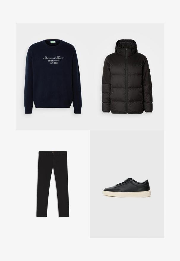 Musta puhvijakku sisältää vetoketjun, hupun, tilkuista koostuvia osioita ja joustavat hihansuut. Se on valmistettu sileästä, vedenpitävästä materiaalista.; Tummansininen villapaita, joka on valmistettu pehmeästä kankaasta, jossa on klassinen pyöreä pääntie ja brodeerattu teksti: "Sports d'Hiver FROM FUTURE EST. 2018."; Mustat housut, jotka on valmistettu sileätekstiilisestä kankaasta. Varustettu nappikiinnityksellä, vyölenkeillä ja sivutaskuilla. Standardi suora lahjemalli.; Musta matalavartinen nahkastretchu, jossa on mustat nauhat ja vaaleanharmaa pohja, esitetty sivuprofiilissa valkoista taustaa vasten.