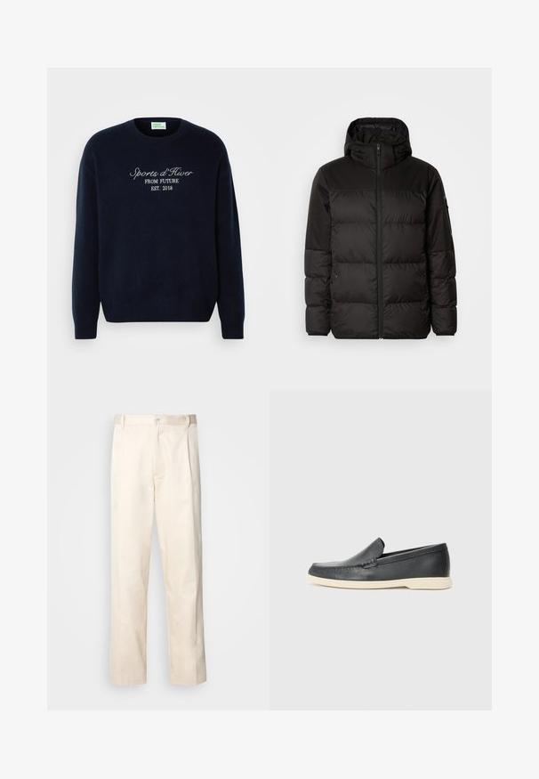 Čierna prešívaná bunda má zips, kapucňu, prešívané sekcie a elastické manžety, vyrobená z hladkého, vodeodolného materiálu.; Námornícky modrý sveter vyrobený z jemného materiálu, s klasickým okrúhlym výstrihom a vyšitým textom: "Sports d'Hiver FROM FUTURE EST. 2018."; Béžové bavlnené nohavice so strihom rovného nohu, s gombíkovým zapínaním a záhybmi vpredu pre pridanie detailu.; Čierne kožené slip-on mokasíny s textúrovaným povrchom a kontrastnou béžovou gumovou podrážkou. Obsahujú jemný akcent pozdĺž prednej časti.