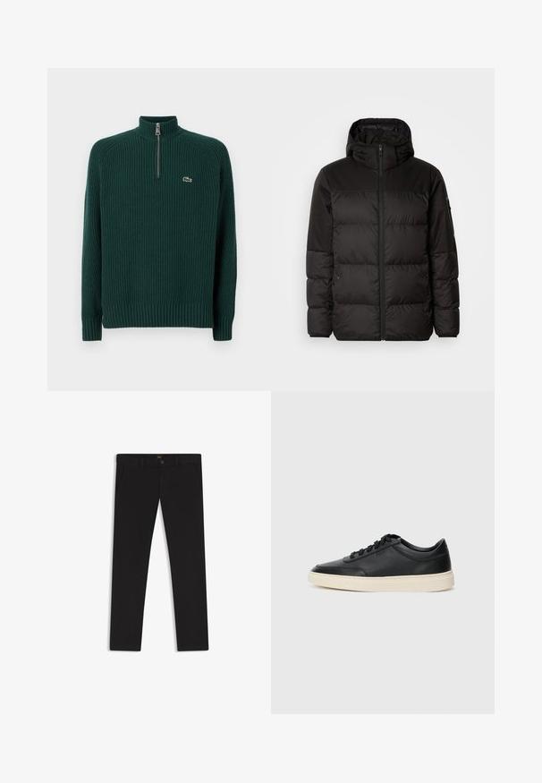 Musta puhvijakku sisältää vetoketjun, hupun, tilkuista koostuvia osioita ja joustavat hihansuut. Se on valmistettu sileästä, vedenpitävästä materiaalista.; Musta vihreä ribbitty neulepaita, jossa on korkea kaulus ja neljänneksen vetoketju. Sisältää pienen, brodeeratun logon vasemmassa rinnassa.; Mustat housut, jotka on valmistettu sileätekstiilisestä kankaasta. Varustettu nappikiinnityksellä, vyölenkeillä ja sivutaskuilla. Standardi suora lahjemalli.; Musta matalavartinen nahkastretchu, jossa on mustat nauhat ja vaaleanharmaa pohja, esitetty sivuprofiilissa valkoista taustaa vasten.