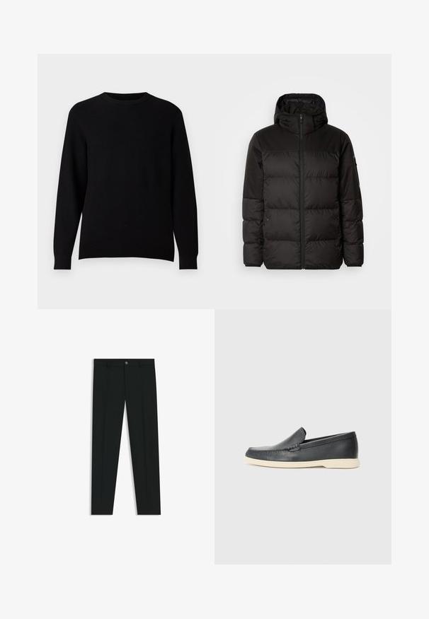 Schwarze Pufferjacke mit Reißverschluss, Kapuze, gesteppten Abschnitten und elastischen Bündchen, hergestellt aus einem glatten, wasserabweisenden Material.; Schwarzer gerippter Strickpullover mit Rundhalsausschnitt und langen Ärmeln. Keine auffälligen Muster oder Akzente. Der Stoff wirkt weich und strukturiert.; Schwarze Anzughosen mit geradem Bein, aus glattem Stoff. Mit Knopfverschluss vorne und Gürtelschlaufen. Schlicht ohne Muster.; Schwarze Leder-Slipper mit strukturiertem Finish und einer kontrastierenden beige Gummisohle. Mit einem dezenten Akzent an der Vorderseite.