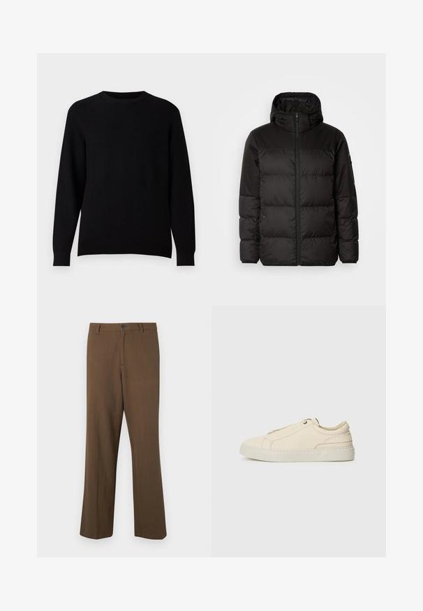Svart puffjacka med blixtlås, huva, quiltade sektioner och elastiska mudd, tillverkad av ett slätt, vattentåligt material.; Svart ribbad stickad tröja med rund hals och långa ärmar. Inga framträdande mönster eller detaljer. Tyget verkar mjukt och texturerat.; Bruna rakbenade byxor i texturerat tyg, med knappstängning och standardmidja, sidofickor och skräddarsydda sömmar.; Beige lädersneaker med rund tå, minimalistisk design, subtila stygndetaljer och en texturerad ovandel, på en ljus sula.
