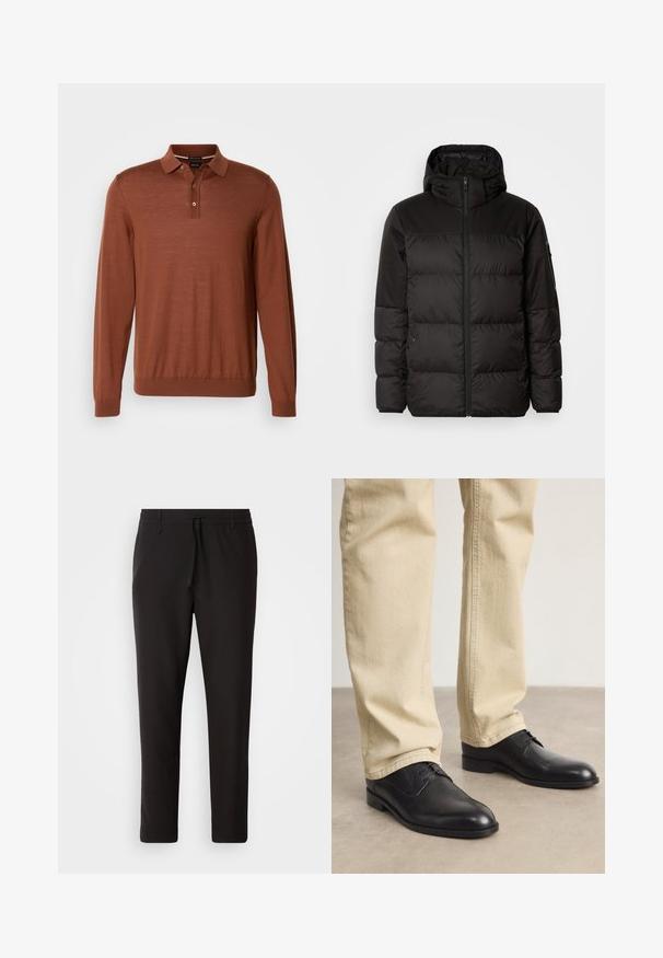 Črna zimska jakna ima zadrgo, kapuco, prešite odseke in elastične manšete, izdelana je iz gladkega, vodoodpornega materiala.; Rjav dolg rokav polo pulover s tremi gumbi na zapenjalnem delu ter rebrastimi manšetami in robom, prikazan proti beli podlagi.; Črne jogger hlače iz gladkega blaga. Imajo elastičen pas z vrvico, zožane hlačnice in brez vidnih žepov. Enostaven dizajn.; Črne usnjene čevlje z vezalkami in zaobljenim prstom, gladke površine in diskretnimi šivi, oblečene z svetlo bež hlačami.