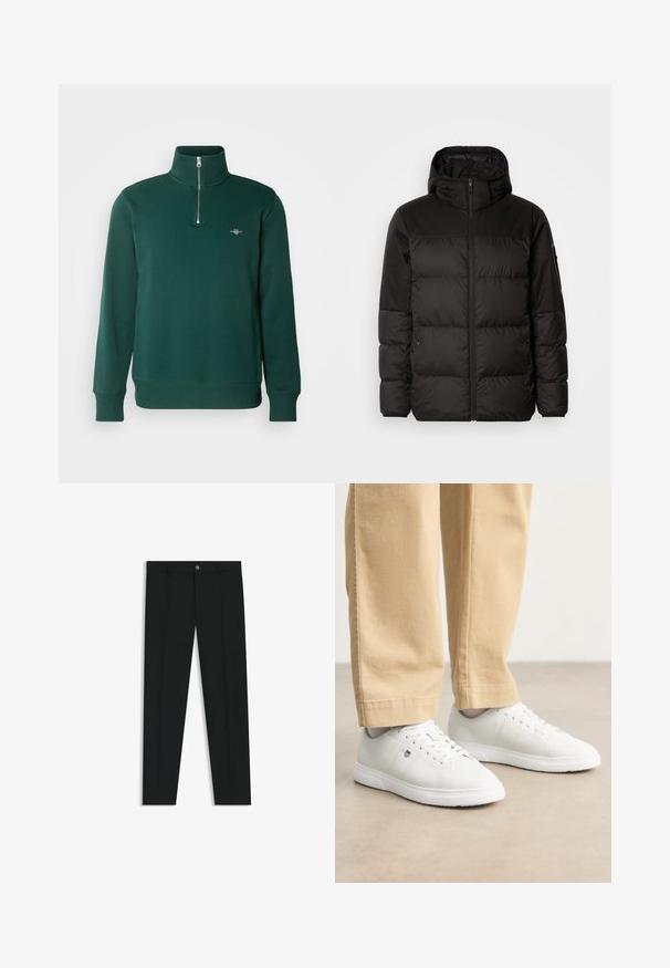 Svart puffjacka med blixtlås, huva, quiltade sektioner och elastiska mudd, tillverkad av ett slätt, vattentåligt material.; Grön zip-up hoodie. Har hög krage, långa ärmar och en liten logotyp på bröstet. Mjukt, slätt tyg.; Svarta dressbyxor med rak bendesign, gjorda av ett mjukt tyg. Har stängning med frontknapp och bälteshällor. Enfärgade utan mönster.; Vita lädersneakers med en slät yta, rund tå, snörningsdesign och diskret logotypdetalj på sidan, kombinerat med beige byxor.
