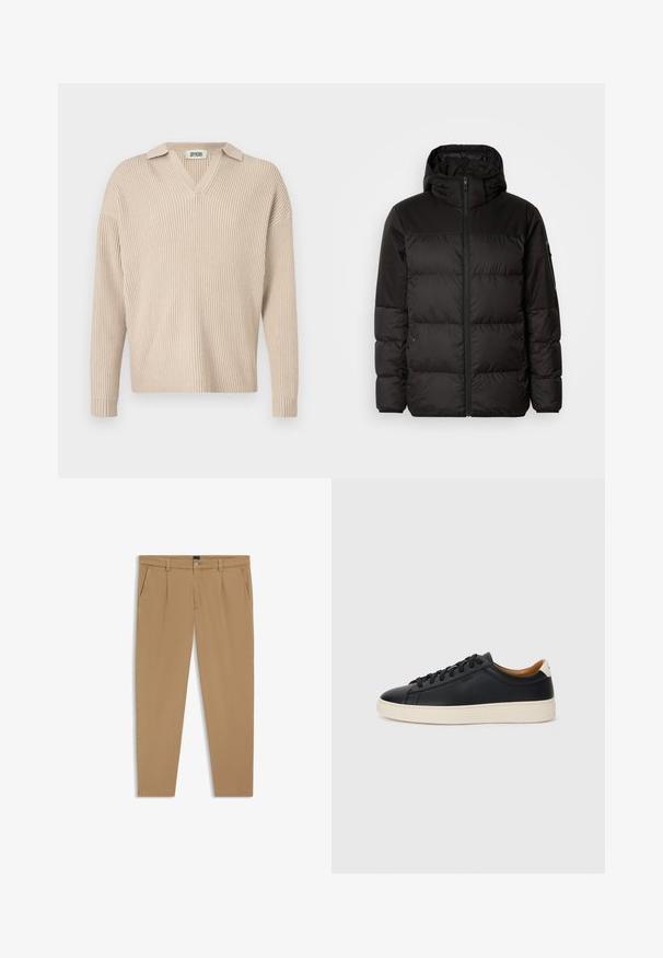 Black puffer jacket features a zip closure, a hood, quilted sections, and elastic cuffs, made from a smooth, water-resistant material.; Beige ribbed knit pullover with a V-neck and collar, featuring long sleeves and a relaxed fit, made from a soft, textured fabric.; Beige trousers featuring a smooth texture, straight-cut design, front pockets, and a button closure at the waist.; Black leather sneakers with a smooth texture, beige rubber sole, lace-up design, and a contrasting heel accent.