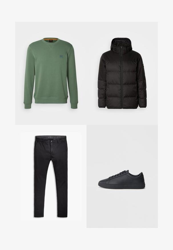 Černá péřová bunda má zipový uzávěr, kapuci, prošívané části a elastické manžety, vyrobená z hladkého, voděodolného materiálu.; BOSS WESTART - Mikina - open green; Černé bavlněné chinos kalhoty s tapered střihem, vybavené pěti kapsami, poutky na opasek a hladkým povrchem. Zapínání na zip s knoflíkovým uzávěrem.; Černé tenisky z hladké kůže s nízkým designem, kulatou špičkou a plochou gumovou podrážkou. Mají šněrování a nenápadné branding.