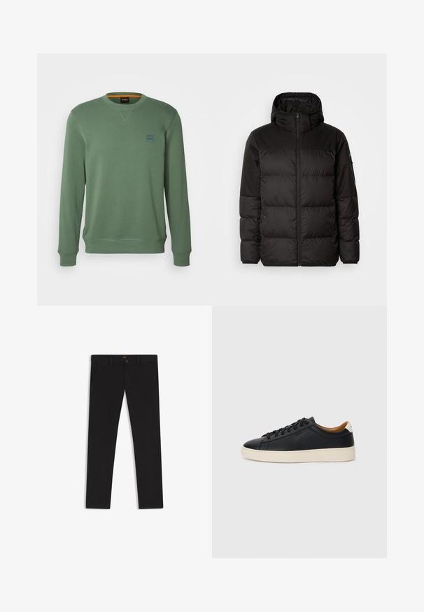 Svart puffjacka med blixtlås, huva, quiltade sektioner och elastiska mudd, tillverkad av ett slätt, vattentåligt material.; BOSS WESTART - Sweatshirt - open green; Svarta byxor gjorda av tyg med en slät textur. Har en knäppning med knapp, bälteshällor och sidofickor. Standard rakt ben-design.; Svarta lädersneakers med en slät yta, beige gummisula, snörning och en kontrasterande hälackcent.