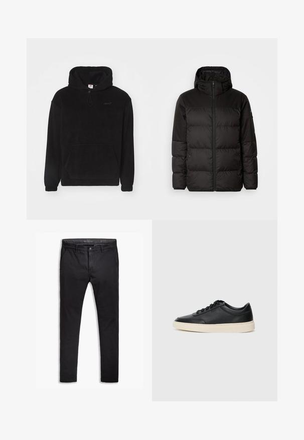 Juodas pūkinis švarkas turi užtrauktuką, gobtuvą, siūlinčius skyrius ir elastinius rankogalius, pagamintas iš lygaus, vandeniui atsparaus medžiagos.; Juodas vilnonis džemperis su priekinėmis kišenėmis, reguliuojama gobtuvu ir veliūrinėmis rankovėmis. Pasižymi subtiliu logotipu ant krūtinės. Minkšta tekstūra.; Juodos medvilnės chinos kelnės su siaurėjančiu siluetu, turinčios penkis kišenes, diržo kilpos ir lygų paviršių. Su užtrauktuku ir mygtuko uždarymu.; Juoda žema viršutinė odinė sportbačiai su juodais raišteliais ir kreminiu padu, pateikti šoniniame profilyje ant baltos fono.