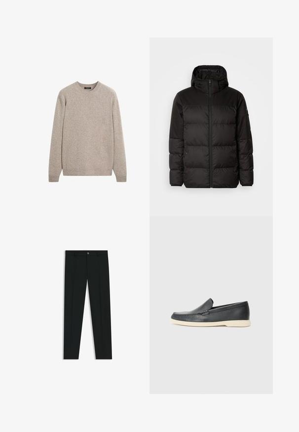 Black puffer jacket features a zip closure, a hood, quilted sections, and elastic cuffs, made from a smooth, water-resistant material.; Beige knitted sweater with a rounded neckline, long sleeves, ribbed cuffs and hem, featuring a subtle texture and lightweight material.; Black dress pants with a straight-leg design, made of smooth fabric. Features a front button closure and belt loops. Plain without patterns.; Black leather slip-on loafers with a textured finish and a contrasting beige rubber sole. Features a subtle accent along the front.