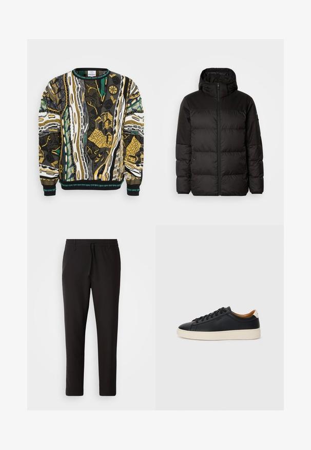 Zwarte pufferjas met ritsluiting, een capuchon, gequiltte secties en elastische manchetten, gemaakt van een glad, waterafstotend materiaal.; Gebreide trui met levendige abstracte patronen in zwart, wit, geel en groen. Ronde halslijn en ribgebreide manchetten maken het ontwerp compleet.; Zwarte joggingsbroek van gladde stof. Kenmerkt zich door een elastische tailleband met een trekkoord, taps toelopende benen en geen zichtbare zakken. Eenvoudig ontwerp.; Zwarte leren sneakers met een gladde textuur, beige rubberen zool, vetersluiting en een contrasterende hielaccent.