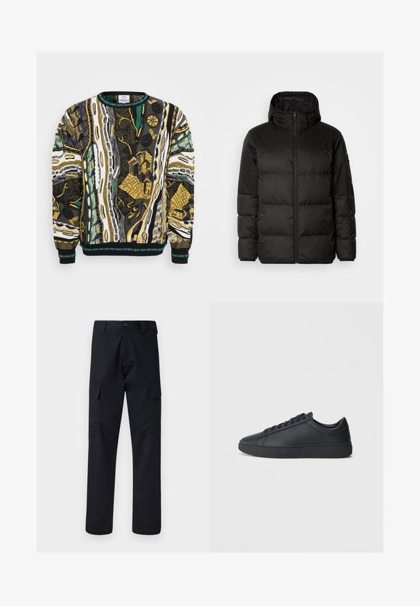 Black puffer jacket features a zip closure, a hood, quilted sections, and elastic cuffs, made from a smooth, water-resistant material.; Knit sweater featuring vibrant abstract patterns in black, white, yellow, and green. Round neckline and ribbed cuffs complete the design.; Black cargo pants made of sturdy fabric, featuring a straight-leg cut, two side pockets, and a button closure at the waistband.; Black sneakers made of smooth leather with a low-top design, round toe, and flat rubber sole. Features laces and subtle branding.