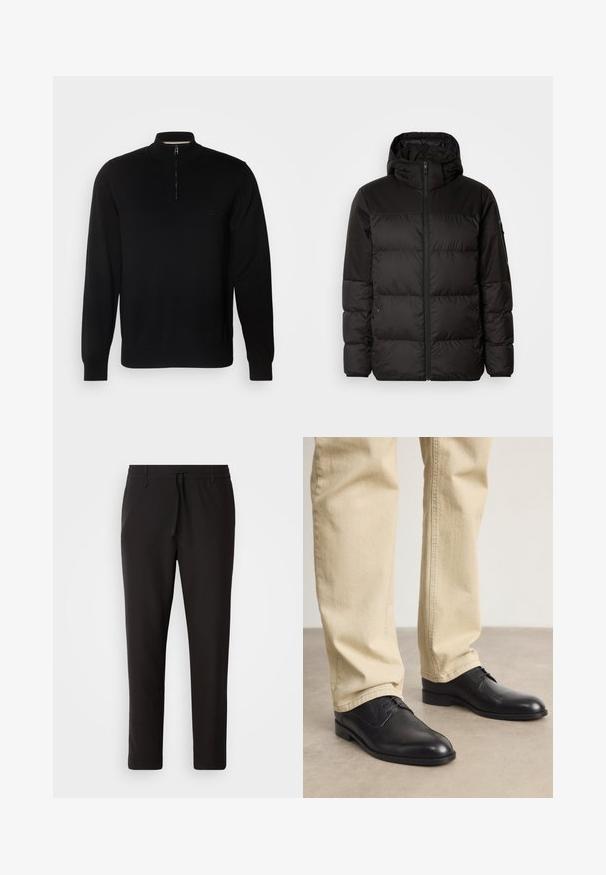 Schwarze Pufferjacke mit Reißverschluss, Kapuze, gesteppten Abschnitten und elastischen Bündchen, hergestellt aus einem glatten, wasserabweisenden Material.; Schwarzer Pullover mit hohem Kragen und halbem Reißverschluss. Verfügt über gerippte Bündchen und Saum. Das Material wirkt weich und hat eine glatte Textur.; Schwarze Jogginghose aus glattem Stoff. Mit einem elastischen Bund und Kordelzug, schmal zulaufenden Beinen und ohne sichtbare Taschen. Einfaches Design.; Schwarze Leder Schnürschuhe mit runder Zehenform, glatter Oberfläche und dezenten Nähdetails, getragen mit hellbeigen Hosen.