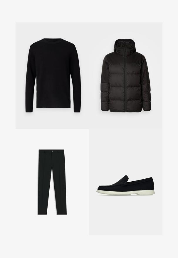 Sort pufferjakke med lynlås, hætte, quiltede sektioner og elastiske manchetter, lavet af et glat, vandafvisende materiale.; Sort striktrøje med rund hals og lange ærmer. Glat tekstur og ensfarvet, uden synlige mønstre eller accenter.; Sorte dressbukser med lige ben-design, lavet af glat stof. Har en frontlukning med knap og bæltestropper. Enkle uden mønstre.; Sort slip-on sko med afrundet tå, der har en tekstureret overdel, glat hvid sål og en subtil branddetalje på siden.