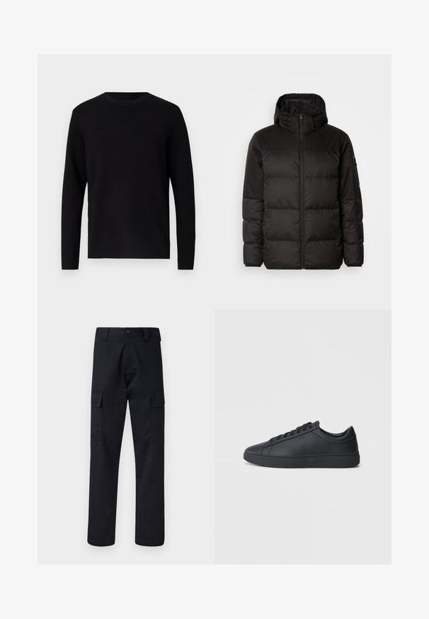 A fekete steppelt dzseki cipzáros záródással, kapucnival, steppelt részekkel és rugalmas mandzsettákkal rendelkezik, sima, vízálló anyagból készült.; Fekete kötött pulóver, kerek nyakkivágással és hosszú ujjal. Sima textúrájú és egyszínű, látható minták vagy díszítések nélkül.; Fekete cargo nadrág, tartós anyagból készült, egyenes szárú fazonnal, két oldalsó zsebbel és gombos záródással a derékon.; Fekete sportcipők sima bőrből, alacsony szárú kivitelben, kerek orral és lapos gumitalppal. Zsinóros rögzítéssel és diszkrét márkajelzéssel rendelkezik.