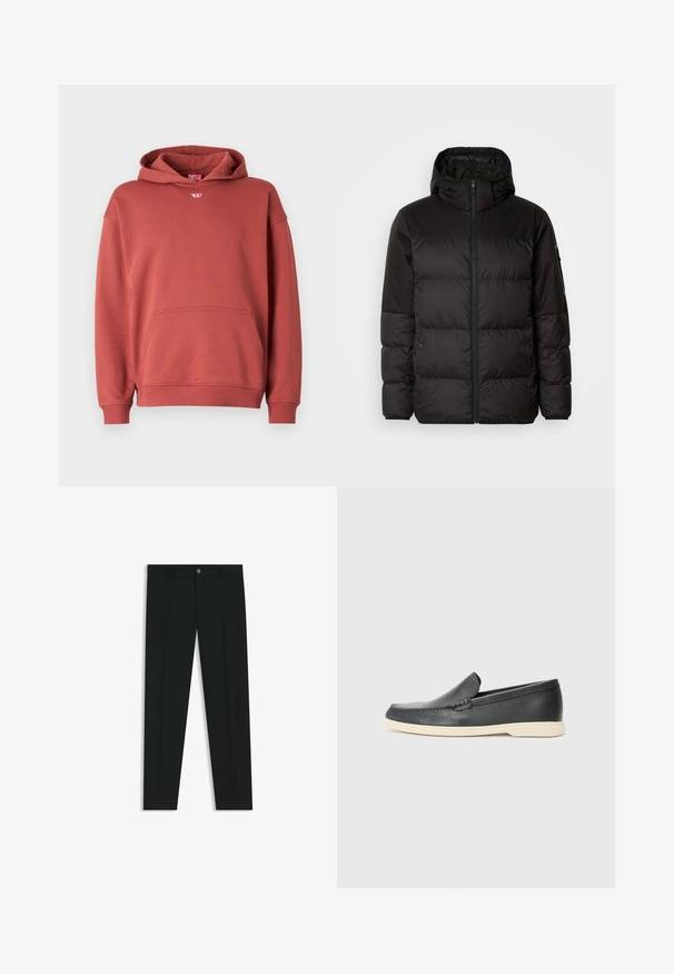 Svart puffjacka med blixtlås, huva, quiltade sektioner och elastiska mudd, tillverkad av ett slätt, vattentåligt material.; Röd bomullshuvtröja med en känguruficka, ribbade muddar och nederkant. Har en liten logotyp på bröstet och snörning i huvan.; Svarta dressbyxor med rak bendesign, gjorda av ett mjukt tyg. Har stängning med frontknapp och bälteshällor. Enfärgade utan mönster.; Svarta läder slip-on loafers med en texturerad yta och en kontrasterande beige gummisula. Har en subtil accent längs fram.