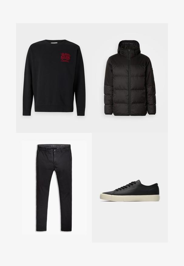 Čierna prešívaná bunda má zips, kapucňu, prešívané sekcie a elastické manžety, vyrobená z hladkého, vodeodolného materiálu.; Čierna mikina s dlhými rukávmi, s dizajnom okrúhleho výstrihu, rebrovanými manžetami a lemom. Na hrudi je červený text loga. Vyrobená z mäkkého materiálu.; Čierne bavlnené chinos nohavice so zúženým strihom, ktoré majú päť vreciek, pútka na opasok a hladký povrch. Zips s gombíkovým zapínaním.; Nízkopriedelné čierne kožené tenisky s čiernymi šnúrkami a krémovou gumovou podrážkou, bočný pohľad ukazujúci jemné logo "BOSS".