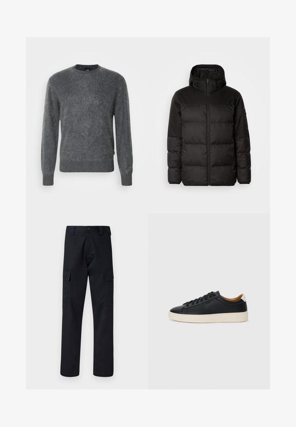 A jaqueta puffer preta apresenta um fecho zip, um capuz, secções acolchoadas e punhos elásticos, confeccionada em um material liso e resistente à água.; Suéter de lã cinza com gola redonda, mangas longas e bainha canelada. Acabamento suave e texturizado, sem padrões visíveis ou detalhes em metal.; Calças cargo pretas feitas de tecido resistente, com corte de perna direita, dois bolsos laterais e fecho de botão na cintura.; Tenis de couro preto com uma textura suave, sola de borracha bege, design de atar e um destaque no calcanhar em contraste.