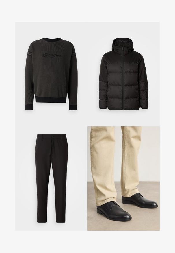 La doudoune noire est dotée d'une fermeture éclair, d'une capuche, de sections matelassées et de poignets élastiques, fabriquée à partir d'un matériau lisse et résistant à l'eau.; Pull en tricot noir avec un col rond côtelé, un tissu texturé et un logo "targa" brodé sur la poitrine. Comprend des accentuations rayées sur les manches.; Pantalons de jogging noirs en tissu lisse. Dotés d'une taille élastique avec cordon de serrage, jambes fuselées, et sans poches visibles. Design simple.; Chaussures noires en cuir à lacets avec un bout arrondi, finition lisse et détails de couture subtils, portées avec un pantalon beige clair.