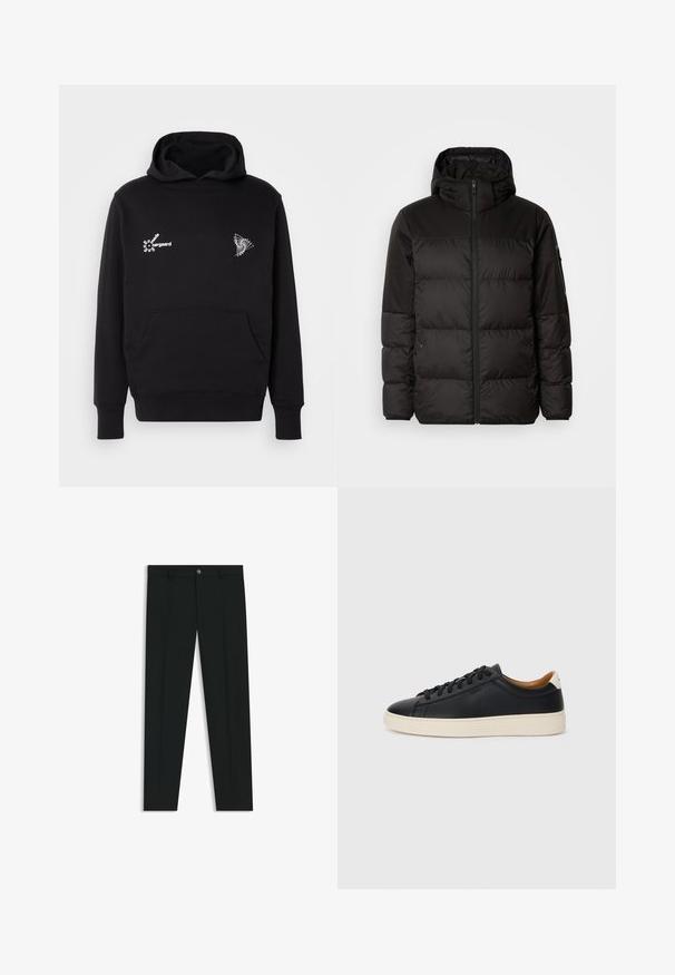 Black puffer jacket features a zip closure, a hood, quilted sections, and elastic cuffs, made from a smooth, water-resistant material.; Black hoodie with a front kangaroo pocket. Features white text and geometric graphic elements on the chest. Made of soft cotton fabric.; Black dress pants with a straight-leg design, made of smooth fabric. Features a front button closure and belt loops. Plain without patterns.; Black leather sneakers with a smooth texture, beige rubber sole, lace-up design, and a contrasting heel accent.