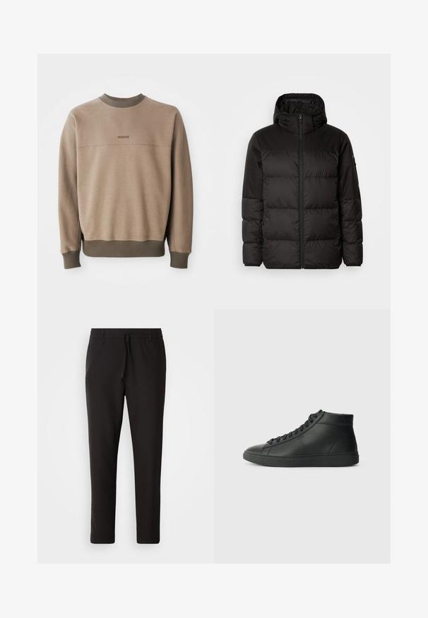 Crna puf jakna ima zatvaranje na zip, kapuljaču, kviltane dijelove i elastične manžete, izrađena je od glatkog, vodootpornog materijala.; Bež dukserica s okruglim izrezom, s rebrastim ovratnikom, manžetama i donjim rubom, s diskretnim izvezenim logotipom "BOSS" na prsima.; Crne jogger hlače od glatkog materijala. Imaju elastičnu waistband s vezicom, sužene nogavice i bez vidljivih džepova. Jednostavan dizajn.; Crne visoke tenisice napravljene od teksturirane kože, s okruglim vrhom, ravnim gumеним potplatom i vezanjem sprijeda uz suptilan brending detalj.