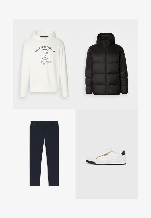 Zwarte pufferjas met ritsluiting, een capuchon, gequiltte secties en elastische manchetten, gemaakt van een glad, waterafstotend materiaal.; Witte hoodie met de tekst "GANT SPORTSWEAR" en een groot "G"-logo in marineblauw, met ribgebreide manchetten en zoom. Gladde stoftextuur.; Marineblauwe broek van lichtgewicht stof, met een rechte pijpdesign, zijzakken en een knoopsluiting aan de voorkant met merkdetails.; Witte sportieve schoenen met gaas- en lederen accenten. Voorzien van een gouden "BOSS" logo, gestructureerde zijpanelen en een zwarte hakkap. Rubberen zool.