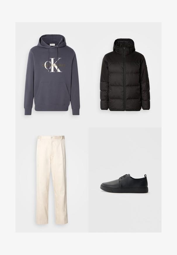 A jaqueta puffer preta apresenta um fecho zip, um capuz, secções acolchoadas e punhos elásticos, confeccionada em um material liso e resistente à água.; Sweatshirt com capuz em cinza escuro, com um bolso frontal tipo canguru. Apresenta um grande logo branco "CK" e o texto em dourado "Calvin Klein Jeans".; Calças de algodão bege com corte reto, apresentando um fecho de botão e pregas na frente para um detalhe adicional.; Sapatilha de couro preta com um acabamento liso, bico arredondado, costura ton sur ton, frente com atacadores e sola plana de borracha. Alça no calcanhar.