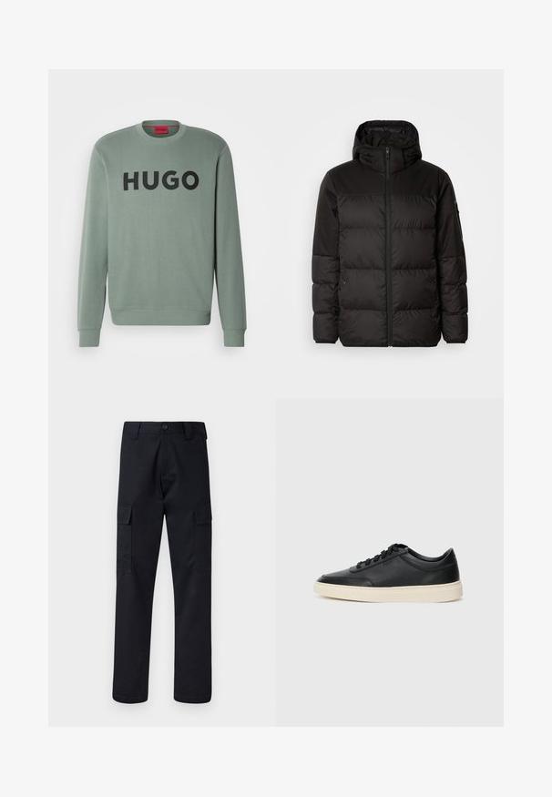 Μαύρο μπουφάν με φερμουάρ, κουκούλα, παραγεμισμένα τμήματα και ελαστικές μανσέτες, κατασκευασμένο από λείο, αδιάβροχο υλικό.; Ανοιχτό πράσινο φούτερ από μαλακό ύφασμα, με στρογγυλή λαιμόκοψη και έντονο μαύρο λογότυπο "HUGO" στο στήθος.; Μαύρο cargo παντελόνι φτιαγμένο από ανθεκτικό ύφασμα, με κανονική γραμμή στα πόδια, δύο πλαϊνές τσέπες και κουμπί στο κλείσιμο της μέσης.; Μαύρο δερμάτινο σνίκερ χαμηλού προφίλ με μαύρες κορδόνες και ελαφρώς λευκή σόλα, εμφανίζεται σε πλάγια προφίλ σε λευκό φόντο.