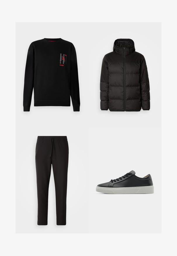 Černá péřová bunda má zipový uzávěr, kapuci, prošívané části a elastické manžety, vyrobená z hladkého, voděodolného materiálu.; Černá bavlněná mikina s dlouhými rukávy, která má na levé straně hrudi grafický design v šedé a červené barvě, a žebrované manžety a lem.; Černé teplákové kalhoty vyrobené z hladké látky. Mají elastický pas se šňůrkou, zúžené nohavice a žádné viditelné kapsy. Jednoduchý design.; Černé kožené tenisky s hladkým povrchem, kulatou špičkou a černými šňůrkami. Disponují silnou bílou gumovou podrážkou s jemnými geometrickými akcenty.