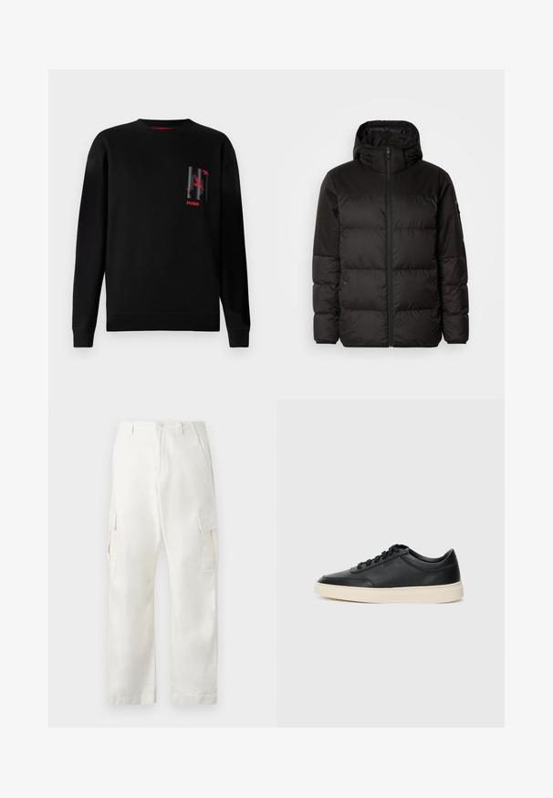 Mustikas puffer-jakk sisaldab tõmblukku, kapuutsi, tikandiga osi ja elastseid mansette, valmistatud siledast veekindlast materjalist.; Mustmust mustraha mustmust kinnastega, millel on halli ja punase graafikaga kujundus vasakul rinnal ning soonikkudumisega mansetid ja ääre.; Valged puuvillased cargo püksid, sirge säärte disainiga, kahte külgpocketit ja kahte cargo taskut reitel.; Mustad musta nahast madal sneaker mustade nööpidega ja kreemivalge tallaga, nähtud külgprofiilis valge tausta ees.