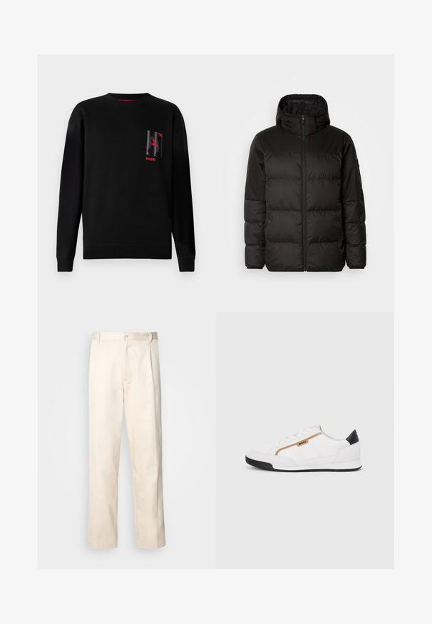 Juodas pūkinis švarkas turi užtrauktuką, gobtuvą, siūlinčius skyrius ir elastinius rankogalius, pagamintas iš lygaus, vandeniui atsparaus medžiagos.; Juodas medvilnės džemperis su ilgomis rankovėmis, kuriame kairėje krūtinės pusėje yra grafika pilkos ir raudonos spalvos, ir įgulos kraštai bei apačia.; Bežinės medvilninės kelnės su tiesiu kirpimu, turinčios mygtuko uždarymą ir priekyje raukšles papildomai dekoratyviam akcentui.; Balti sportiniai bateliai su tinklinėmis ir odinėmis detalėmis. Yra auksinė "BOSS" logotipas, tekstūruoti šonai ir juodas kulno dangtelis. Guminis padas.