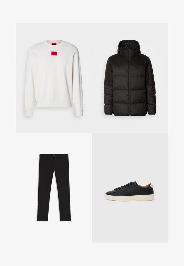 Musta puhvijakku sisältää vetoketjun, hupun, tilkuista koostuvia osioita ja joustavat hihansuut. Se on valmistettu sileästä, vedenpitävästä materiaalista.; HUGO DIRAGOL - Collegepaita - natur; Mustat housut, jotka on valmistettu sileätekstiilisestä kankaasta. Varustettu nappikiinnityksellä, vyölenkeillä ja sivutaskuilla. Standardi suora lahjemalli.; Mustat nahkasneakerit, joissa on sileä pinta, beige kumipohja, nauhakiinnitys ja erottuva kanta-aksentti.