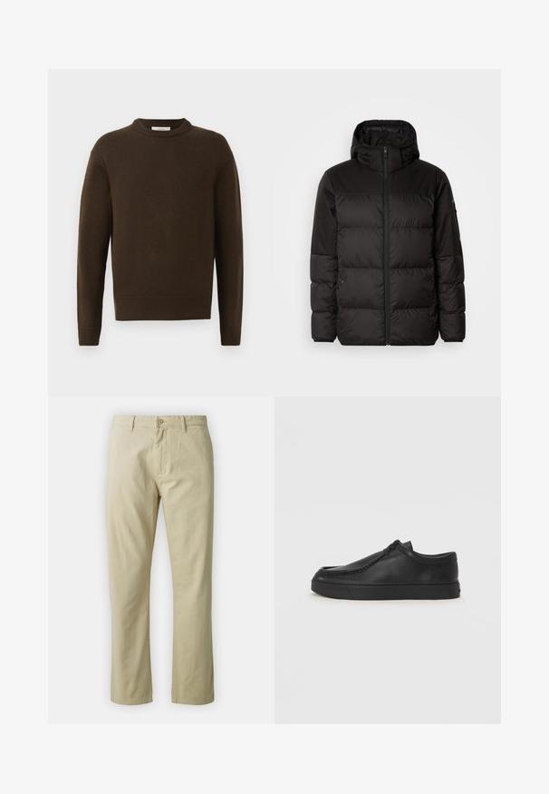 A jaqueta puffer preta apresenta um fecho zip, um capuz, secções acolchoadas e punhos elásticos, confeccionada em um material liso e resistente à água.; Sweater de malha castanho com decote redondo, mangas longas e punhos canelados. Textura suave, acabamento liso e um corte descontraído.; Calças de algodão bejes com um design de perna reta, fecho frontal com botão e passantes para cinto. Textura suave, sem padrões ou detalhes visíveis.; Sapata slip-on de couro preto com biqueira arredondada, detalhes cosidos e sola de borracha preta. Textura suave com design minimalista.