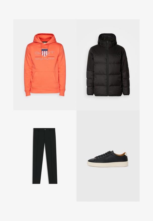 Black puffer jacket features a zip closure, a hood, quilted sections, and elastic cuffs, made from a smooth, water-resistant material.; GANT ARCHIVE SHIELD - Hoodie - orange; Black dress pants with a straight-leg design, made of smooth fabric. Features a front button closure and belt loops. Plain without patterns.; Black leather sneakers with a smooth texture, beige rubber sole, lace-up design, and a contrasting heel accent.