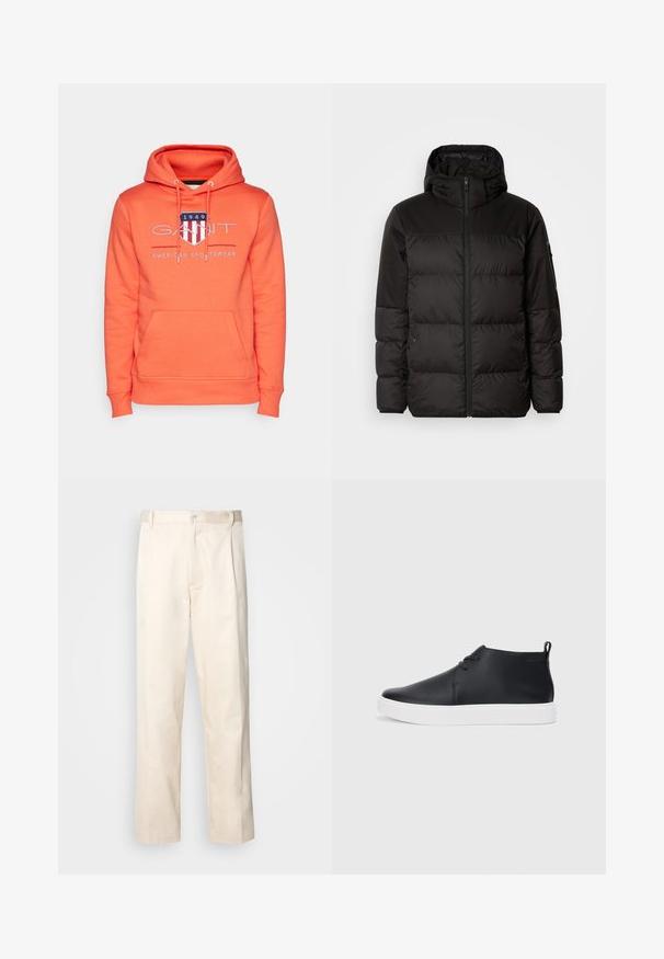 Čierna prešívaná bunda má zips, kapucňu, prešívané sekcie a elastické manžety, vyrobená z hladkého, vodeodolného materiálu.; GANT ARCHIVE SHIELD - Mikina s kapucňou - orange; Béžové bavlnené nohavice so strihom rovného nohu, s gombíkovým zapínaním a záhybmi vpredu pre pridanie detailu.; Čierne kožené vysoké tenisky s hladkým povrchom, biela gumová podrážka a jednoduchý dizajn na šnurovanie. Obsahujú úchytku na zadnej strane.