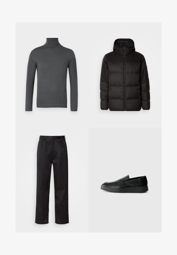 La doudoune noire est dotée d'une fermeture éclair, d'une capuche, de sections matelassées et de poignets élastiques, fabriquée à partir d'un matériau lisse et résistant à l'eau.; Pull en col roulé gris foncé à manches longues avec des poignets ajustés et une texture de tricot lisse et fin sur un fond blanc.; Pantalon noir en tissu lisse, avec une fermeture à bouton sur le devant, des plis et des jambes droites. Aucun motif ou accent visible.; Calvin Klein HYBRID CUP - Chaussons - triple black