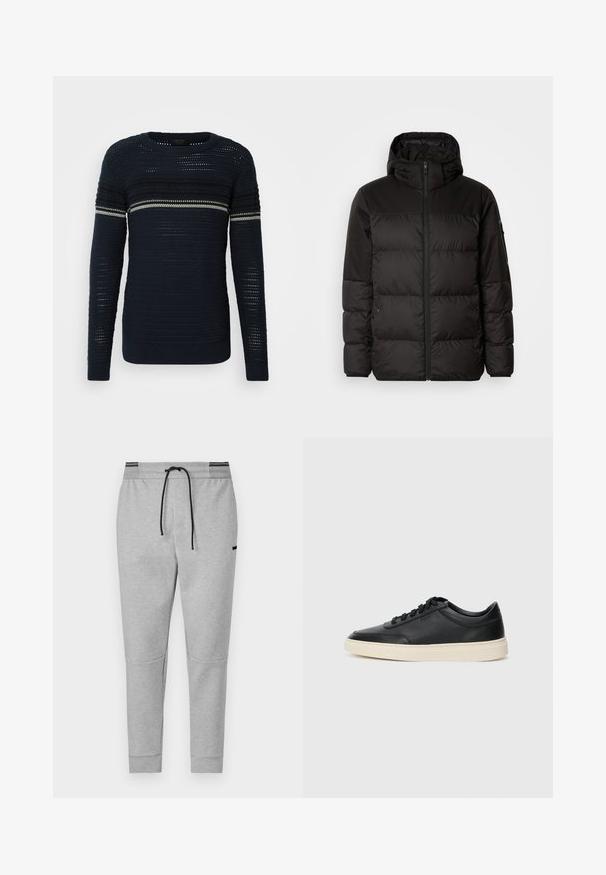 Il giubbotto puffo nero presenta una chiusura con zip, un cappuccio, sezioni trapuntate e polsini elastici, realizzato in un materiale liscio e resistente all'acqua.; Maglione lavorato a maglia navy con collo rotondo, caratterizzato da righe orizzontali in tonalità più chiare e un motivo testurizzato su tutta la superficie. Maniche lunghe.; Pantaloni grigi in felpa con vita elasticizzata, cordino nero e tasche con zip; presentano pannelli sulle ginocchia e polsini a coste.; Sneaker in pelle nera a basso profilo con lacci neri e suola avorio, mostrato di profilo su sfondo bianco.