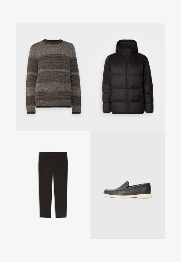 Zwarte pufferjas met ritsluiting, een capuchon, gequiltte secties en elastische manchetten, gemaakt van een glad, waterafstotend materiaal.; Pullovertrui met een ronde hals, gestructureerde breiwerk en horizontale strepen in grijzen en bruinen. Lange mouwen, geribbelde manchetten en onderkant.; Zwarte broek met een rechte pijpdesign, gemaakt van een gladde stof. Voorzien van een knoopsluiting en vo pockets. Geen zichtbare patronen of accenten.; Zwarte leren instappers met een gestructureerde afwerking en een contrasterende beige rubberen zool. Beschikt over een subtiele accent langs de voorkant.