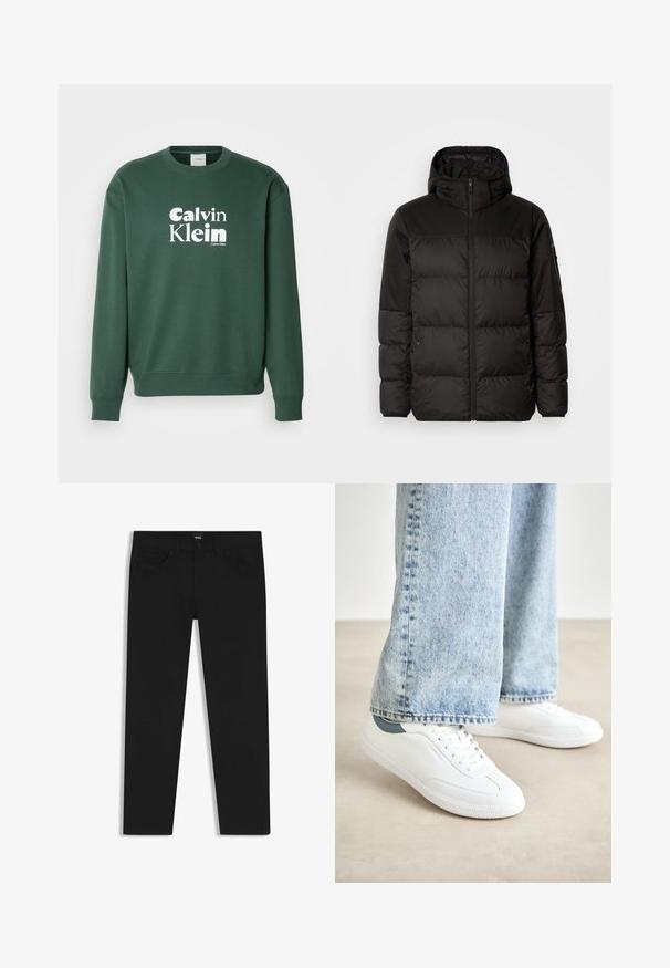 Musta puhvijakku sisältää vetoketjun, hupun, tilkuista koostuvia osioita ja joustavat hihansuut. Se on valmistettu sileästä, vedenpitävästä materiaalista.; Vihreä puuvillasekoitesweatshirt, jossa on pyöreä kaula-aukko ja resorit hihansuissa. Etupuolella valkoinen "Calvin Klein" -logo.; Musta farkkutakki suoran leikkauksen kanssa, varustettuna tavallisella vyötäröllä, viidellä taskulla ja nappisulkimella. Yhtenäinen sileä pinta.; Valkoiset lenkkarit, joissa on sileä materiaali, nauhakiinnitys, teksturoitu kumipohja ja tealia korostava elementti kantapäässä, yhdistettynä vaaleansinihin farkkuihin.