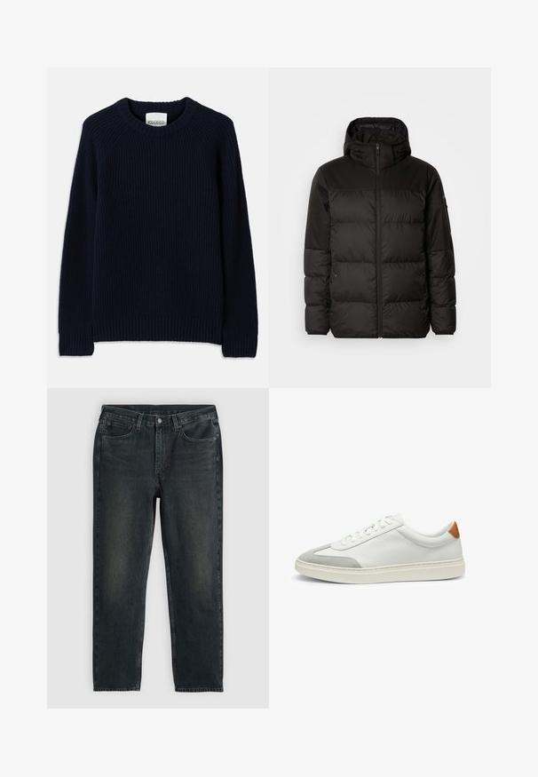 Musta puhvijakku sisältää vetoketjun, hupun, tilkuista koostuvia osioita ja joustavat hihansuut. Se on valmistettu sileästä, vedenpitävästä materiaalista.; Tummansininen ribbiknitti neulepaita, jossa on pyöreä kaula-aukko ja pitkät hihat. Ominaisuuksiin kuuluu suora helma ja teksturoitu kuvio koko paidassa.; Tummansinisiä farkkuja suoran lahkeen leikkauksella, viidellä taskulla, vetoketjukiinnityksellä ja kontrastivärisillä ompeleilla. Kankaan pinnassa on hieno haalistuminen.; Valkoiset nahkakengät, joissa on harmaat mikrokuituakkentit ja vaaleanruskea nahkakanta. Ominaisuuksiin kuuluu teksturoitu pinta ja kevyt pohja.