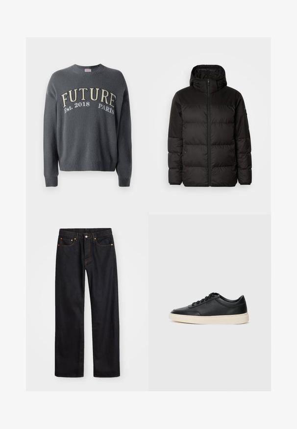 Melna pūkainā jakā iezīmes ir rāvējslēdzēja aizdare, kapuce, kvadrātveida šuves un elastīgas aproces, izgatavota no gludas, ūdensizturīgas vielas.; Tumši pelēks adīts džemperis ar ribotām piedurknēm un apakšmalu, uz krūtīm izšūta uzraksts "FUTURE Est. 2018 PARIS" bēšā un baltā krāsā.; Vīriešu taisno kāju melnie džinsi ar piecām kabatām un oranžu izšuvumu, ar pogu un zipa aizdari priekšējā jostas daļā.; Melnas zemas ādas sporta kurpes ar melnām auklām un off-white zoli, rādītas no sānu profila uz baltā fona.