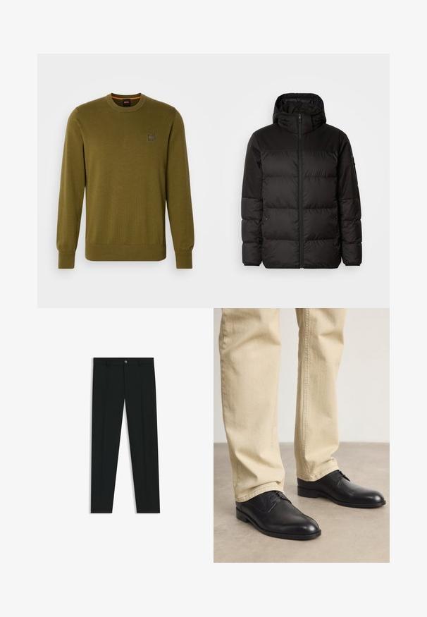 Black puffer jacket features a zip closure, a hood, quilted sections, and elastic cuffs, made from a smooth, water-resistant material.; Olive green knit sweater with a crew neckline and long sleeves. Features a small logo patch on the chest and ribbed cuffs and hem.; Black dress pants with a straight-leg design, made of smooth fabric. Features a front button closure and belt loops. Plain without patterns.; Black leather lace-up shoes with a rounded toe, smooth finish, and subtle stitching details, worn with light beige pants.